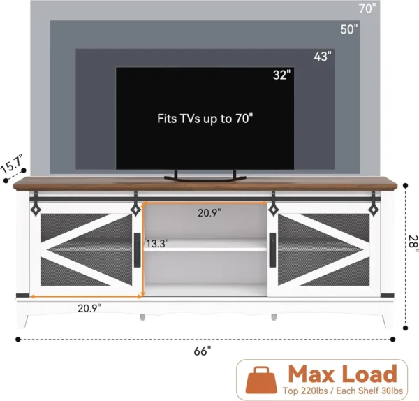 Farmhouse TV Stand for 65+ Inch TV with Barn Doors & Storage Shelves - Image 4