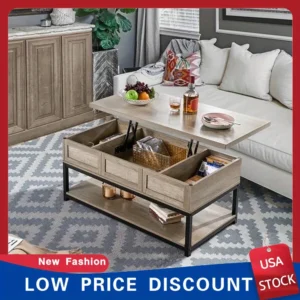 Rustic Wood Lift Top Coffee Table - Hidden Storage & Bottom Shelf (Gray)