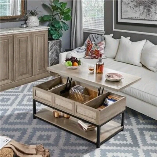 Rustic Wood Lift Top Coffee Table - Hidden Storage & Bottom Shelf (Gray) - Image 4