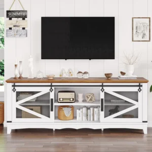 Farmhouse TV Stand for 65+ Inch TV with Barn Doors & Storage Shelves
