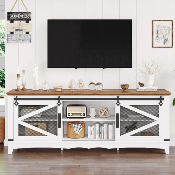 Farmhouse TV Stand for 65+ Inch TV with Barn Doors & Storage Shelves