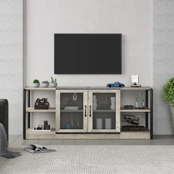 Farmhouse TV Stand for 65 Inch TV - Gray Barn Doors & Shelves - Image 3