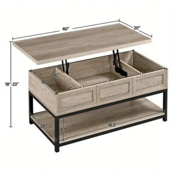 Rustic Wood Lift Top Coffee Table - Hidden Storage & Bottom Shelf (Gray) - Image 2