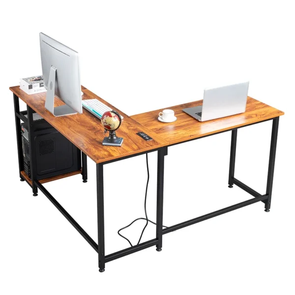 L-Shaped Computer Desk with Power Outlets & Shelf - Tiger Wood - Image 2
