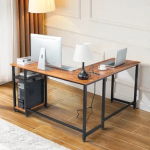 L-Shaped Computer Desk with Power Outlets & Shelf - Tiger Wood