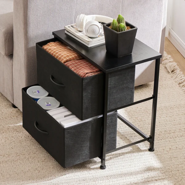 JHK Nightstand Table with 2 Fabric Drawers - Bedside Storage Furniture - Image 2