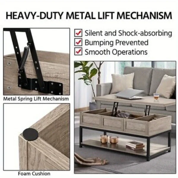 Rustic Wood Lift Top Coffee Table - Hidden Storage & Bottom Shelf (Gray) - Image 3