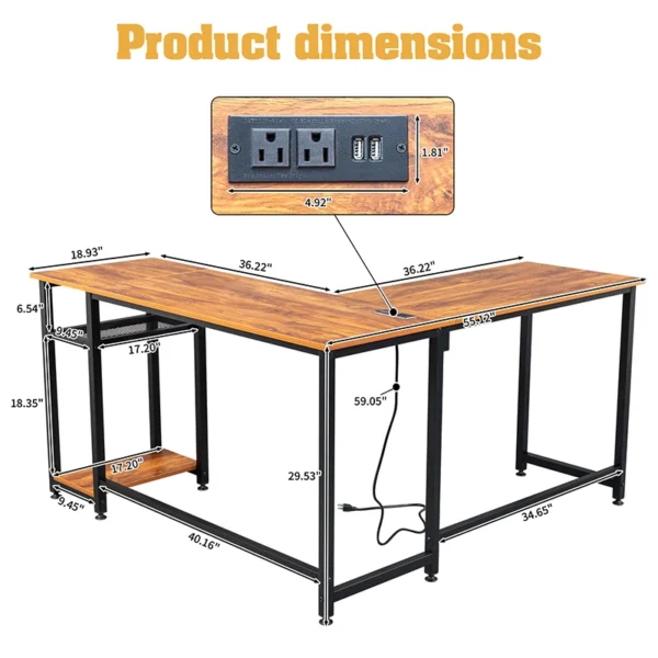L-Shaped Computer Desk with Power Outlets & Shelf - Tiger Wood - Image 3