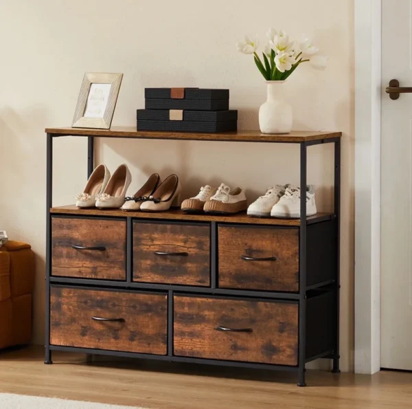 JHK Shoe Cabinet Dresser with 5 Fabric Drawers - Space Saving Organizer